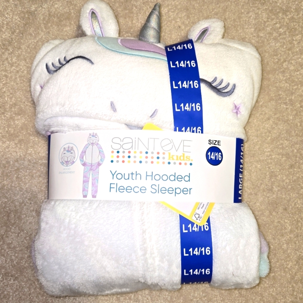 Saint Eve Kids Girl's L  Unicorn Youth Hooded Fleece Sleeper NEW